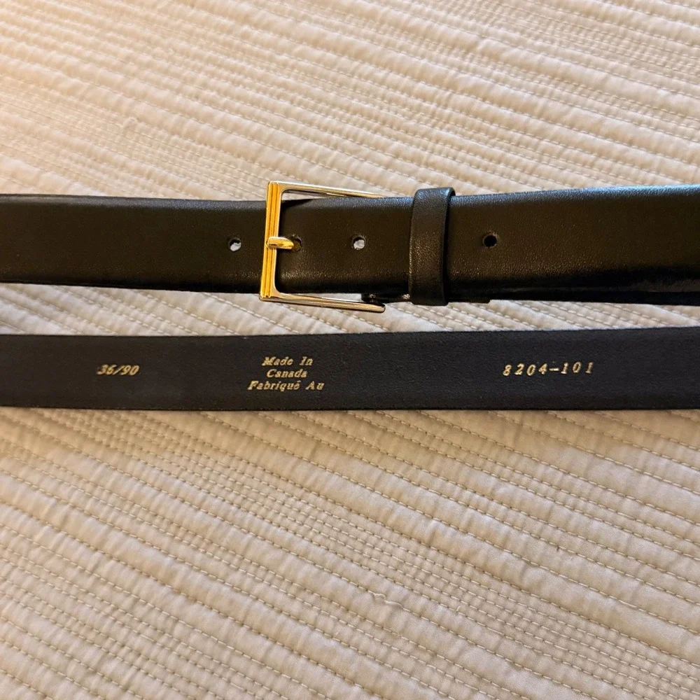 Century Canada Mens Black Leather Belt Gold Buckle Made in Canada Size 36